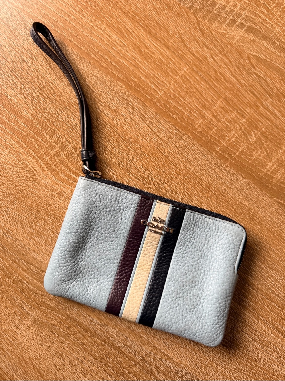 Coach Light Blue Leather Wristlet with Stripe Detail